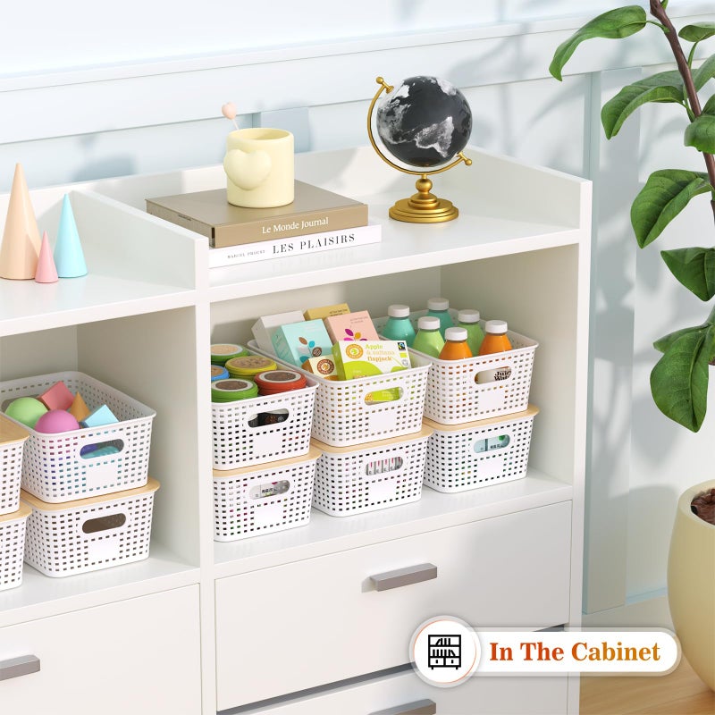 Ohmlove Plastic Storage Baskets With Bamboo Lid - Plastic Storage Containers Stackable Storage bins: Storage Baskets for Organizing Shelves Drawers Desktop Closet Playroom Classroom Office  6 Pack - Image 4